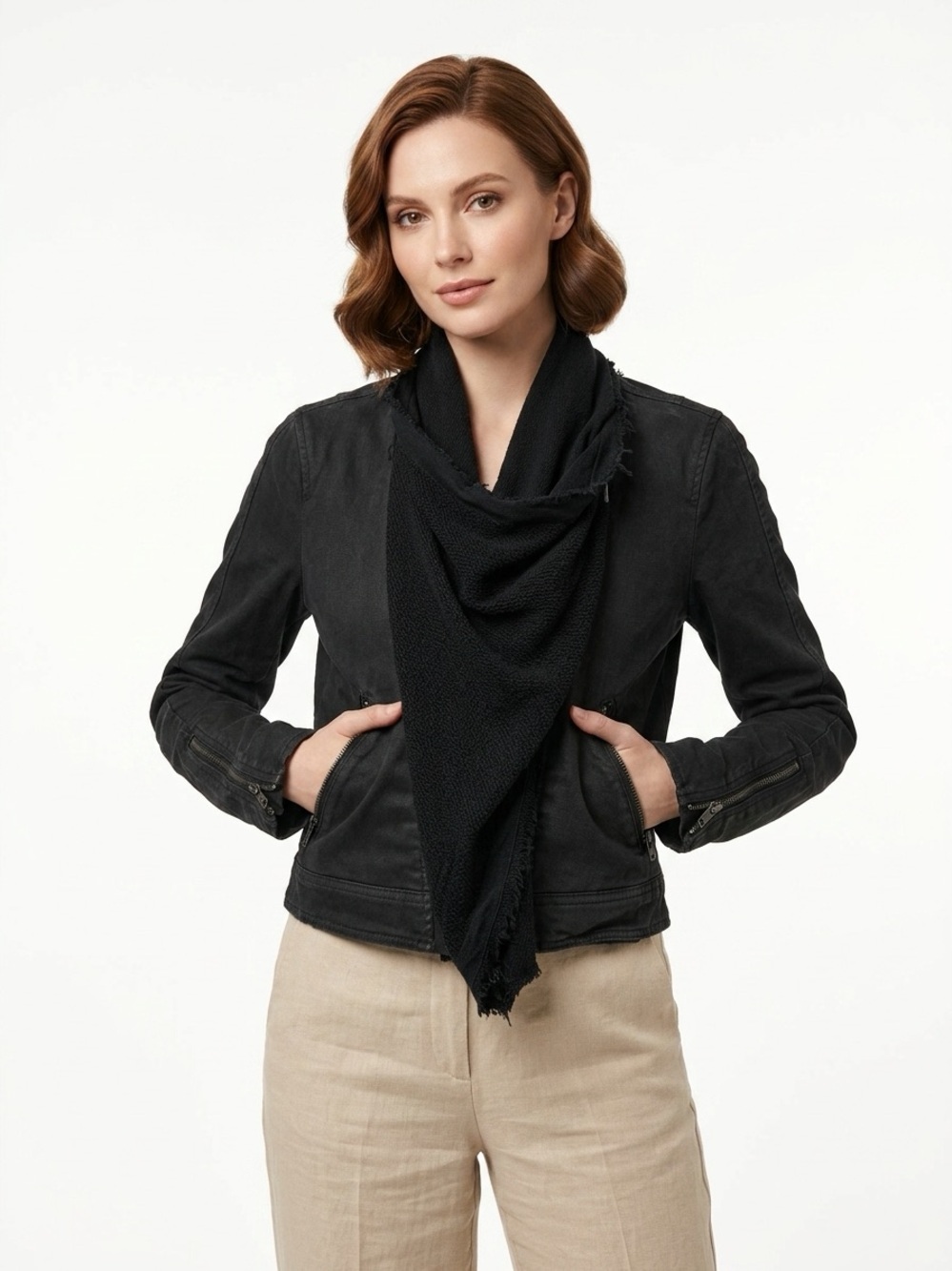Free People Coated Denim Moto Jacket Scarf Drape Front Black Size 8